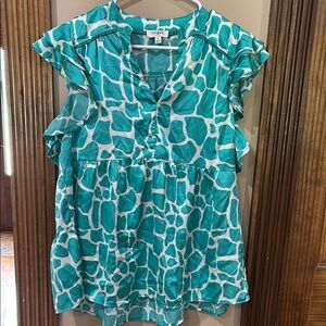 Umgee Blue Ruffled Blouse Relaxed Fit